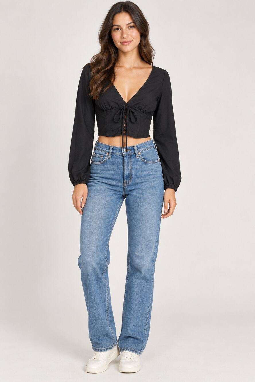 Love Tree Black Corset Crop Top Large Long Sleeve Lace Up V Neck Gothic Y2K